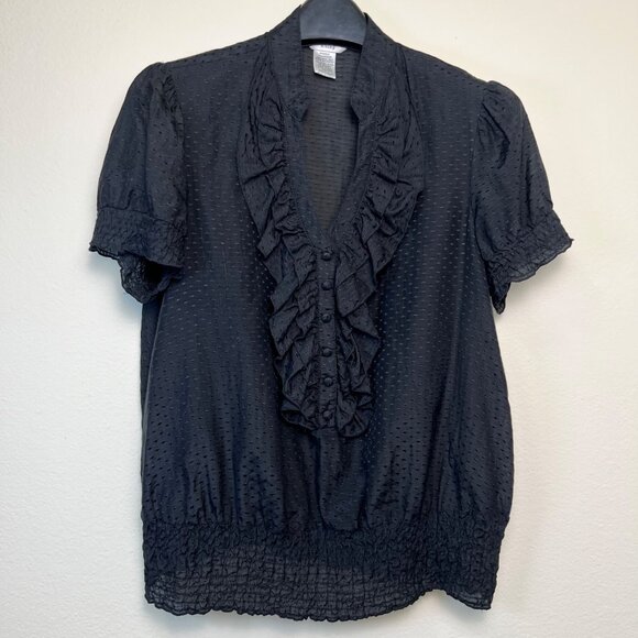 ESLEY Black Ruffle Button Short Sleeve Blouse Top Size Large - Picture 7 of 8